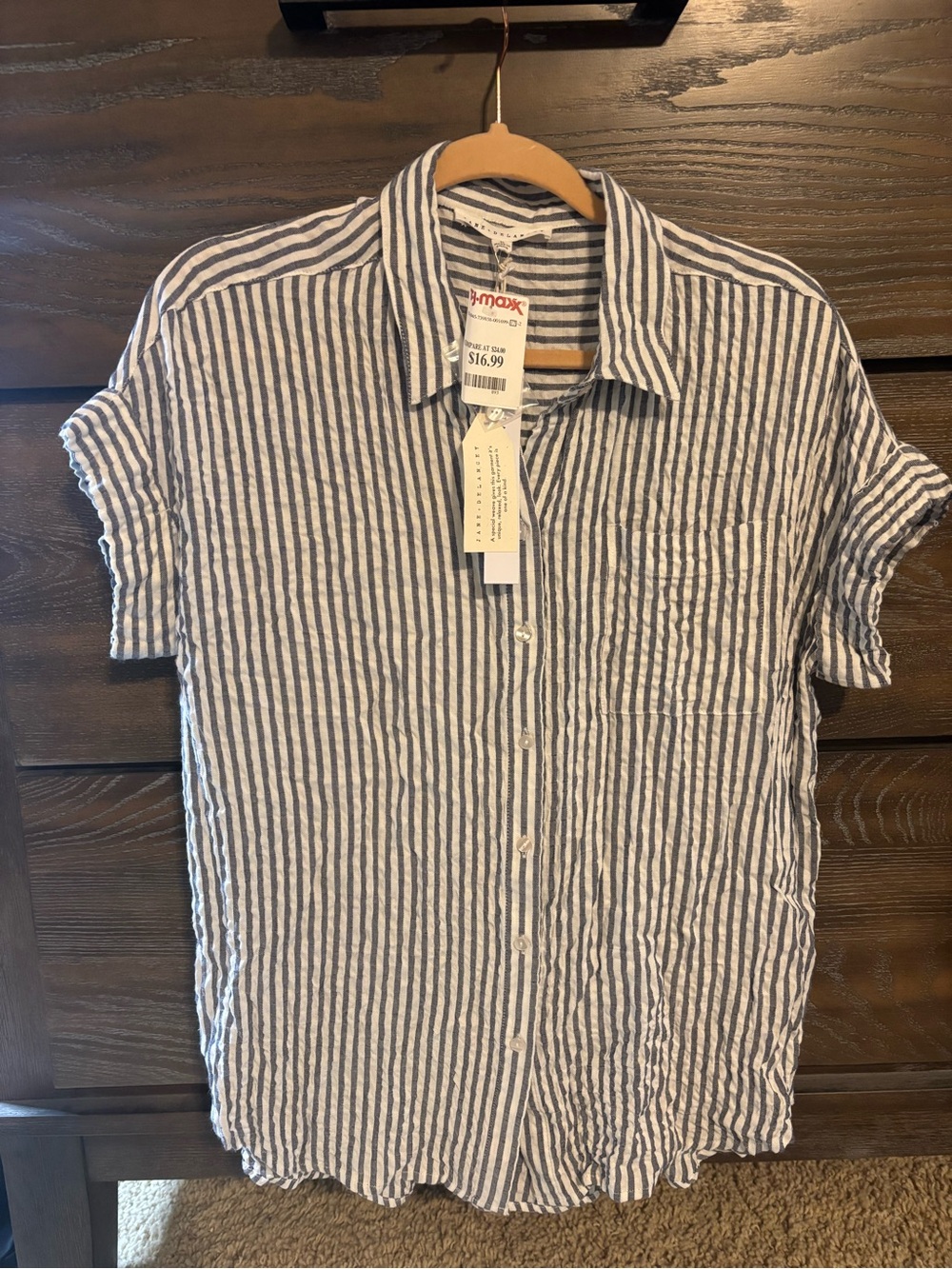 Short-Sleeve Striped Button-Up Shirt - Blue/White